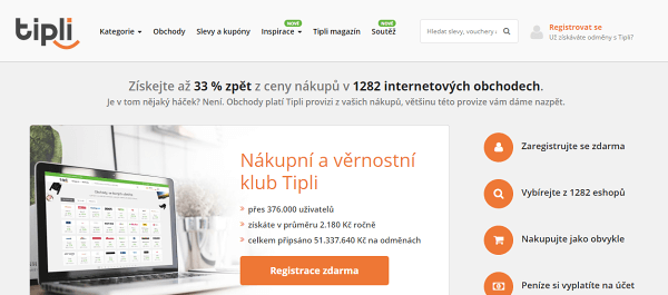 Cashback portál Tipli (tipli.cz) pro online nákup elektroniky a dalšího zboží
