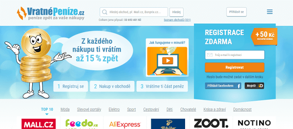 Cashback portál Vratné Peníze (vratnepenize.cz) pro online nákup elektroniky a dalšího zboží